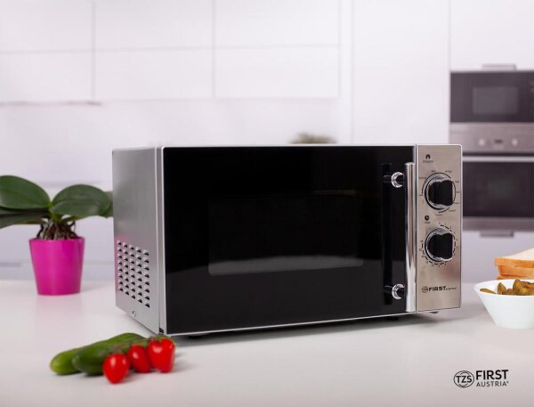 TZS First Austria &ndash; 20 Liter leistungsstarke Mikrowelle 1200 Watt mit Grillfunktion 900 Watt | Pizza und Kaffee-Programm, Kapazit&auml;t 20 Liter, 5 Programme, silber