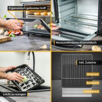 TZS First Austria Minibackofen schwarz| Unter-Oberhitze bis 230 Grad stufenlose Temperaturregelung | 60 Minuten Timer | Doppelglast&uuml;r | Mini Ofen | Kr&uuml;mel-Klappe