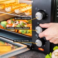TZS First Austria Minibackofen schwarz| Unter-Oberhitze bis 230 Grad stufenlose Temperaturregelung | 60 Minuten Timer | Doppelglast&uuml;r | Mini Ofen | Kr&uuml;mel-Klappe