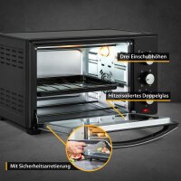 TZS First Austria Minibackofen schwarz| Unter-Oberhitze bis 230 Grad stufenlose Temperaturregelung | 60 Minuten Timer | Doppelglast&uuml;r | Mini Ofen | Kr&uuml;mel-Klappe