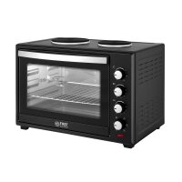 TZS First Austria Mini-Backofen mit Kochplatten | Backblech, Drehspie&szlig;, Grillrost, Kr&uuml;melblech | 5 Backstufen |  Innenbeleuchtung, max. 230 &deg;C | kompakt f&uuml;r Camping, Wohnheim und Kleink&uuml;chen