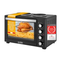 TZS First Austria Mini-Backofen mit Kochplatten | Backblech, Drehspie&szlig;, Grillrost, Kr&uuml;melblech | 5 Backstufen |  Innenbeleuchtung, max. 230 &deg;C | kompakt f&uuml;r Camping, Wohnheim und Kleink&uuml;chen