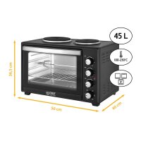 TZS First Austria Mini-Backofen mit Kochplatten | Backblech, Drehspie&szlig;, Grillrost, Kr&uuml;melblech | 5 Backstufen |  Innenbeleuchtung, max. 230 &deg;C | kompakt f&uuml;r Camping, Wohnheim und Kleink&uuml;chen