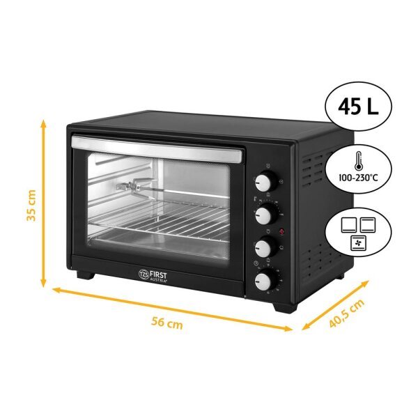 TZS First Austria Minibackofen, 2000 Watt mit Innenbeleuchtung | Umluft-Funktion | Drehspie&szlig; f&uuml;r 2 H&uuml;hnchen | Mini Pizza-ofen | herausnehmbares Kr&uuml;melblech