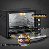 TZS First Austria Minibackofen, 2000 Watt mit Innenbeleuchtung | Umluft-Funktion | Drehspie&szlig; f&uuml;r 2 H&uuml;hnchen | Mini Pizza-ofen | herausnehmbares Kr&uuml;melblech