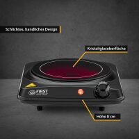 TZS First Austria Infrarot Kochplatte einzeln, elektrisch, Glaskeramik Kochplatte mit Infrarot-W&auml;rme, 1200W, stufenloser  Temperaturregelung, mobile Kochplatte, 17,5 cm, schwarz