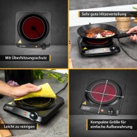 TZS First Austria Infrarot Kochplatte einzeln, elektrisch, Glaskeramik Kochplatte mit Infrarot-W&auml;rme, 1200W, stufenloser  Temperaturregelung, mobile Kochplatte, 17,5 cm, schwarz