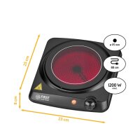 TZS First Austria Infrarot Kochplatte einzeln, elektrisch, Glaskeramik Kochplatte mit Infrarot-W&auml;rme, 1200W, stufenloser  Temperaturregelung, mobile Kochplatte, 17,5 cm, schwarz