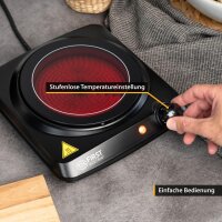 TZS First Austria Infrarot Kochplatte einzeln, elektrisch, Glaskeramik Kochplatte mit Infrarot-W&auml;rme, 1200W, stufenloser  Temperaturregelung, mobile Kochplatte, 17,5 cm, schwarz