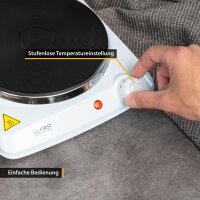 TZS First Austria Kochplatte, elektrisches Kochfeld aus Gusseisen, Herdplatten f&uuml;r Zuhause, Thermostat mit 5 Temperaturstufen, Wei&szlig;