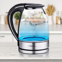 TZS First Austria -1,7 Liter Glaswasserkocher mit Kalkfilter, blaue LED Beleuchtung innen, Wasserkocher Glas, BPA frei, &Uuml;berhitzungsschutz, 2200 Watt kabellos, automatische Deckel&ouml;ffnung, schwarz