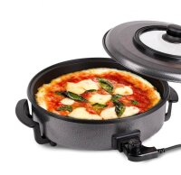TZS First Austria Elektrische Pizzapfanne 42 cm, Runder Pizzaofen 1500 W, Antihaft-Heizplatte mit Metallfenster-Deckel f&uuml;r Hamburger, Omelette, Pizza, Braten