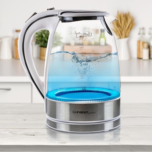2200 Watt Glas Edelstahl Wasserkocher 1,7 Liter blaue Led Beleuchtung 360 Grad, kabellos, Kalkfilter, Bpa Frei, wei&szlig;