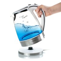 2200 Watt Glas Edelstahl Wasserkocher 1,7 Liter blaue Led Beleuchtung 360 Grad, kabellos, Kalkfilter, Bpa Frei, wei&szlig;
