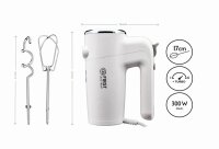TZS First Austria Elektrischer Handr&uuml;hrer mit extra langen R&uuml;hrbesen f&uuml;r tiefe Sch&uuml;sseln 300 W | 6 Geschwindigkeiten Turbo-Taste | inkl. R&uuml;hrbesen & Knethaken aus Edelstahl | wei&szlig;