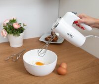 TZS First Austria Elektrischer Handr&uuml;hrer mit extra langen R&uuml;hrbesen f&uuml;r tiefe Sch&uuml;sseln 300 W | 6 Geschwindigkeiten Turbo-Taste | inkl. R&uuml;hrbesen & Knethaken aus Edelstahl | wei&szlig;