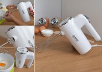 TZS First Austria Elektrischer Handr&uuml;hrer mit extra langen R&uuml;hrbesen f&uuml;r tiefe Sch&uuml;sseln 300 W | 6 Geschwindigkeiten Turbo-Taste | inkl. R&uuml;hrbesen & Knethaken aus Edelstahl | wei&szlig;