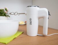 TZS First Austria Elektrischer Handr&uuml;hrer mit extra langen R&uuml;hrbesen f&uuml;r tiefe Sch&uuml;sseln 300 W | 6 Geschwindigkeiten Turbo-Taste | inkl. R&uuml;hrbesen & Knethaken aus Edelstahl | wei&szlig;