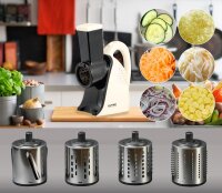 TZS First Austria Raspel, elektrischer Gem&uuml;sehobel, mit 4 Trommel-Eins&auml;tzen aus Edelstahl, praktischer Gem&uuml;seschneider, K&uuml;chenmaschine, in Wei&szlig;/Schwarz, 200 W