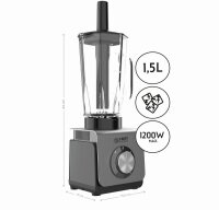TZS First Austria Standmixer, 1200 W, leistungsstarker Smoothie-Mixer mit abnehmbarer 1,5L Glasschale, Multifunktionsmixer 6 Klingen, 3 Geschwindigkeiten, Eisfunktion, grau/schwarz