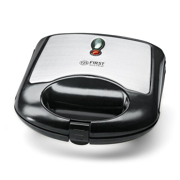 TZS First Austria Sandwichmaker 700 Watt, speziell ausgeformte antihaftbeschichtete Platten, Edelstahlverblendung, schlankes modernes Design, Schwarz/Edelstahl