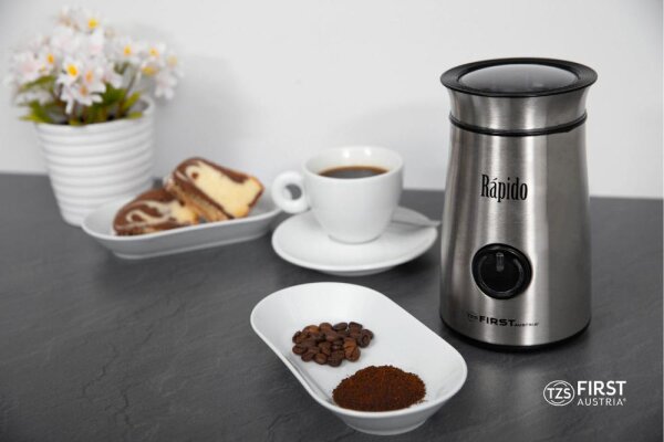 TZS First Austria Kaffeem&uuml;hle elektrisch, kompakter Zerkleinerer, mit 2 pr&auml;zisen Klingen aus Edelstahl, leicht bedienbarer Schaltknopf, in Silber, 150 W