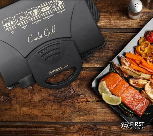 TZS First Austria Tischgriller, 2000 W, Elektrogrill f&uuml;r den Tischgebrauch, Grillplatte f&uuml;r Fleisch & Gem&uuml;se, Separate Plattensteuerung, Antihaftbeschichtung, regelbares Thermostat, 180&deg;-&Ouml;ffnung, schwarz