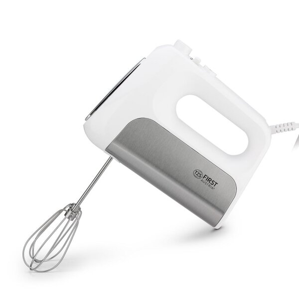 TZS First Austria Handmixer, 500 W, elektrischer leistungsstarker Handr&uuml;hrer, stufenlose Geschwindigkeitsstufen mit Soft-Start, Turbo- und Auswurffunktion, inkl. R&uuml;hrbesen & Knethaken, wei&szlig;/Edelstahl