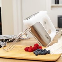 TZS First Austria Handmixer, 500 W, elektrischer leistungsstarker Handr&uuml;hrer, stufenlose Geschwindigkeitsstufen mit Soft-Start, Turbo- und Auswurffunktion, inkl. R&uuml;hrbesen & Knethaken, wei&szlig;/Edelstahl