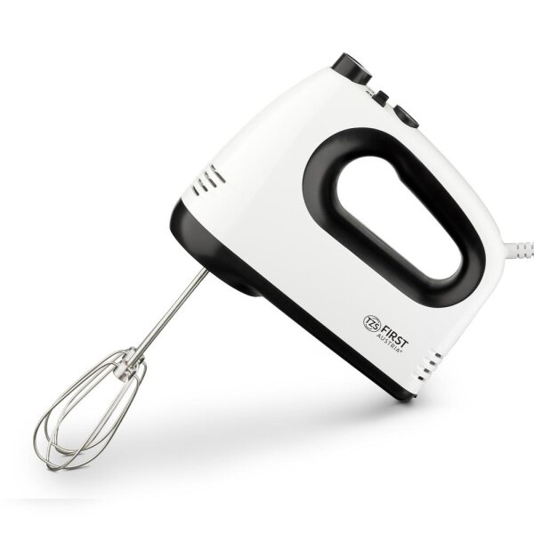 TZS First Austria Handmixer, 300 W, elektrischer leistungsstarker Handr&uuml;hrer, 5 Geschwindigkeitsstufen, Turbo- und Auswurffunktion, inkl. R&uuml;hrbesen & Knethaken, wei&szlig;/schwarz