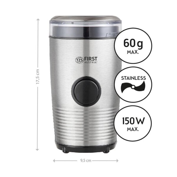TZS First Austria Kaffeem&uuml;hle elektrisch, 2in1 M&uuml;hle/Zerkleinerer, f&uuml;r Kaffeebohnen, N&uuml;sse & Gew&uuml;rze, mit 2 pr&auml;zisen Klingen, Edelstahl, 150 W