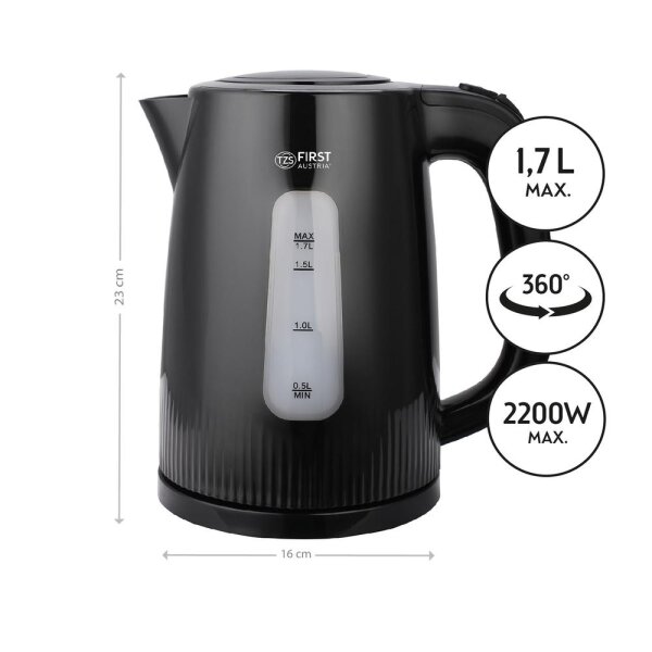 TZS First Austria Wasserkocher 1,7L, 2220 W, 360 Grad Abstellwinkel, Trockenkochschutz, Abschaltautomatik, abnehmbarer Kalkfilter
