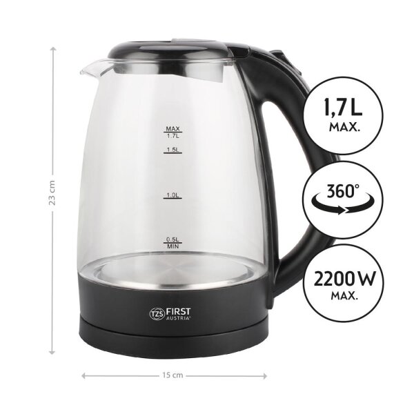 TZS First Austria Glas Wasserkocher 1,7 L, Kalkfilter, 2200 Watt, LED-Innenbeleuchtung, kabellos, Trockenkochschutz, 360 &deg; Grad Anschluss-Sockel
