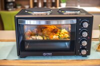 TZS First Austria Minibackofen - 60 Liter 3400W Mini-Backofen mit Kochplatten und Kr&uuml;melblech | Innenbeleuchtung | Drehspie&szlig; | Umluft | Mini-Pizza-Ofen | Kochplatten separat bedienbar | Doppelglast&uuml;r | Mini-K&uuml;che