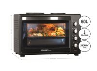 TZS First Austria Minibackofen - 60 Liter 3400W Mini-Backofen mit Kochplatten und Kr&uuml;melblech | Innenbeleuchtung | Drehspie&szlig; | Umluft | Mini-Pizza-Ofen | Kochplatten separat bedienbar | Doppelglast&uuml;r | Mini-K&uuml;che