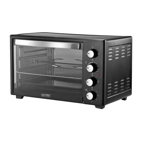 TZS First Austria Minibackofen, 2000 Watt, 45L, mit Innenbeleuchtung | Umluft-Funktion | Drehspie&szlig; f&uuml;r 2 H&uuml;hnchen | Mini Pizza-ofen | herausnehmbares Kr&uuml;melblech