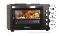 TZS First Austria Minibackofen 30 Liter 3200 Watt Mini-Backofen mit Kochplatten, Kr&uuml;melblech, Drehspie&szlig;, Umluft Mini | Kochplatten separat bedienbar | gleichzeitig kochen backen