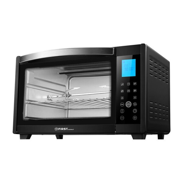 TZS First Austria Elektrischer Minibackofen, 1600 Watt, Digitalanzeige, kompakter Elektroofen f&uuml;r den Tischgebrauch, zum Backen & Grillen, mit digitalem Bedienfeld, inkl. Drehspie&szlig;, in Schwarz