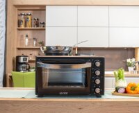 TZS First Austria - 45 Liter 3200 Watt Mini-Backofen mit Kochplatten und Kr&uuml;melblech| Drehspie&szlig; und Umluft Mini Pizzaofen | Mini-K&uuml;che | Kochplatten separat bedienbar | gleichzeitig kochen und backen