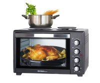 TZS First Austria - 45 Liter 3200 Watt Mini-Backofen mit Kochplatten und Kr&uuml;melblech| Drehspie&szlig; und Umluft Mini Pizzaofen | Mini-K&uuml;che | Kochplatten separat bedienbar | gleichzeitig kochen und backen