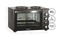 TZS First Austria - 45 Liter 3200 Watt Mini-Backofen mit Kochplatten und Kr&uuml;melblech| Drehspie&szlig; und Umluft Mini Pizzaofen | Mini-K&uuml;che | Kochplatten separat bedienbar | gleichzeitig kochen und backen