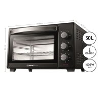 TZS First Austria - 30 Liter Minibackofen mit 1600 Watt schwarz| Unter-Oberhitze bis 230 Grad stufenlose Temperaturregelung | 60 Minuten Timer | Doppelglast&uuml;r | Mini Ofen | Kr&uuml;mel-Klappe
