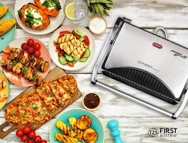 TZS First Austria Tischgriller, Elektrogrill f&uuml;r den Tischgebrauch, 700W / 1200W, Grillplatte f&uuml;r Fleisch & Gem&uuml;se, Kontaktgrill mit Antihaftbeschichtung