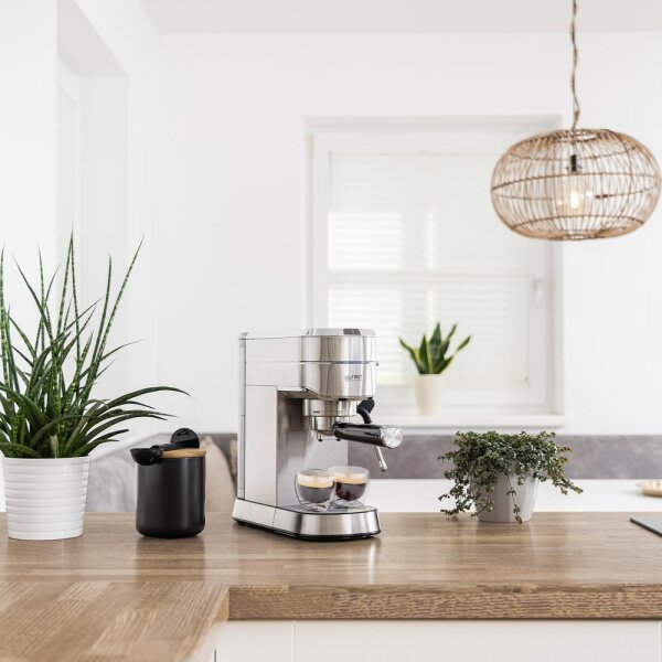 TZS First Austria Espresso Siebtr&auml;germaschine elektrisch, mit professionellem Milchsch&auml;umer, tauglich f&uuml;r Pads, 1L Wassertank, inkl. 2 doppelwandige Glasbecher, Silber