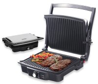 TZS First Austria Tischgriller, Elektrogrill f&uuml;r den Tischgebrauch, Grillplatte f&uuml;r Fleisch & Gem&uuml;se, Kontaktgrill mit Antihaftbeschichtung, 180 &deg;&Ouml;ffnung, Edelstahl, 2000 W