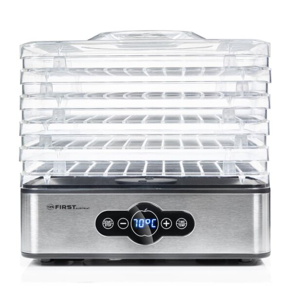 TZS First Austria Edelstahl D&ouml;rrger&auml;t | D&ouml;rrautomat | digital mit Timer bis 99 Std und Temperaturregler von 35-70&deg;Celcius, D&ouml;rrautomat, 5 Etagen, BPA Frei, D&ouml;rrautomat D&ouml;rrger&auml;t eckig Obst-trockner D&ouml;rrapparat mit Zeitschaltuhr