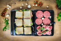 TZS First Austria Tischgrill, Elektrogrill f&uuml;r den Tischgebrauch, Grillplatte f&uuml;r Fleisch & Gem&uuml;se, 180 &deg;&Ouml;ffnung, Kontaktgrill mit Antihaftbeschichtung, in Schwarz/Edelstahl, 900 W