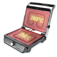 TZS First Austria Tischgrill, Elektrogrill f&uuml;r den Tischgebrauch, Grillplatte f&uuml;r Fleisch & Gem&uuml;se, 180 &deg;&Ouml;ffnung, Kontaktgrill mit Antihaftbeschichtung, in Schwarz/Edelstahl, 900 W