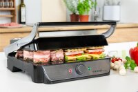 TZS First Austria Tischgrill, Elektrogrill f&uuml;r den Tischgebrauch, Grillplatte f&uuml;r Fleisch & Gem&uuml;se, 180 &deg;&Ouml;ffnung, Kontaktgrill mit Antihaftbeschichtung, in Schwarz/Edelstahl, 900 W
