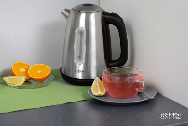 TZS First Austria Edelstahl Wasserkocher, 1,7 L, in Schwarz/Edelstahl, 2200 W, 360 Grad Abstellwinkel, integrierter Kalkfilter, Trockenkochschutz, Abschaltautomatik